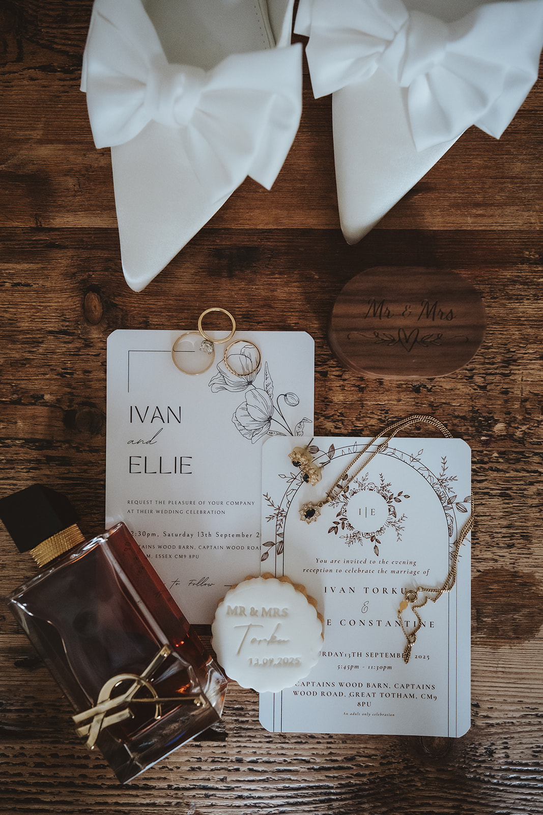 Curated bridal details and wedding invitations; high-end editorial wedding photographer Essex documenting luxury brand elements.