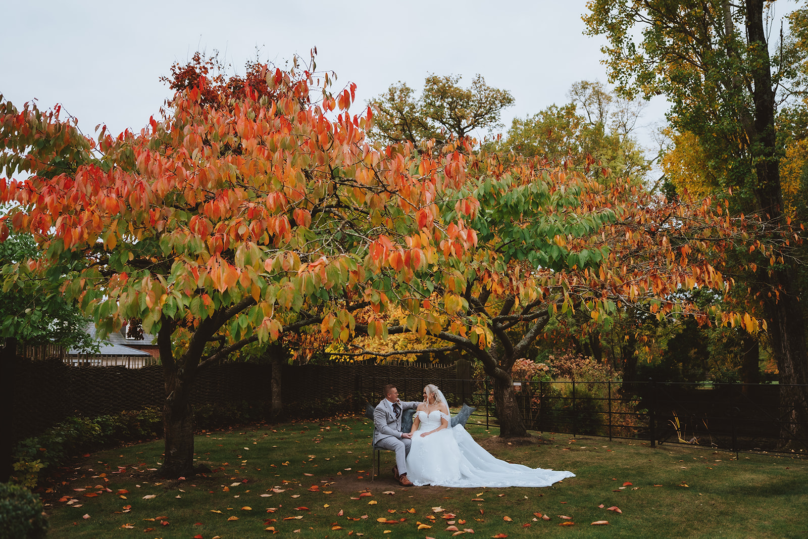 a couple seated beneath a tree in autumn foliage in the grounds of Blake Hall.